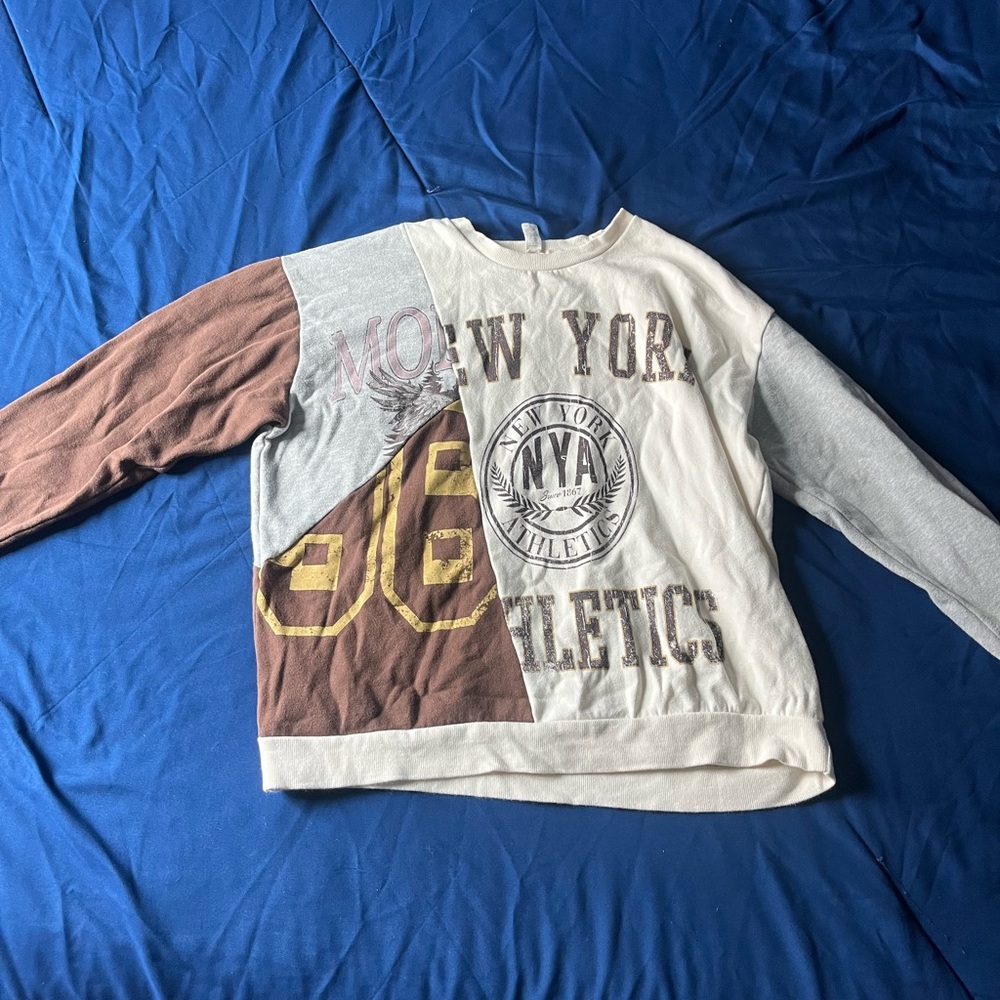 Brown and Gray Crew Neck Sweater with Graphic Design